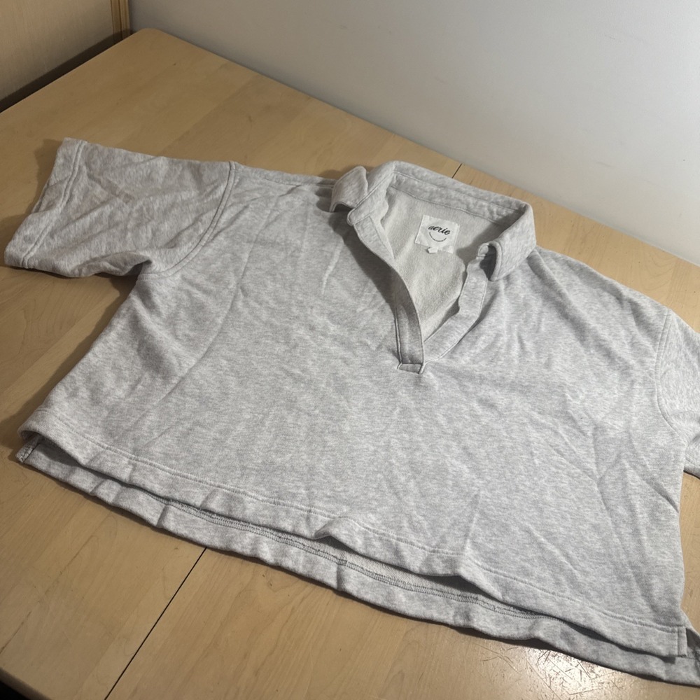 Aerie Light Gray Short Sleeve Polo Crop‎ Sweatshirt Womens Size XL